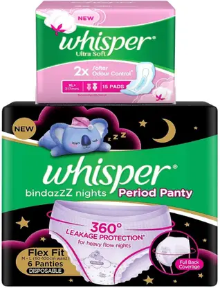Whisper Bindazzzz night period panties 6 +15 Ultra soft xl pad Pack of 2 Sanitary Pad