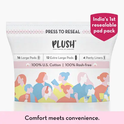 PLUSH 100% Pure U.S. Cotton Rash Free Resealable (12 XL+ 16 L+4 Liners) Sanitary Pad