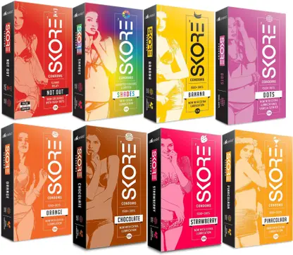 SKORE New Adventure Pack of Dotted (Shades,Dots, Orange,Starwberry, Chocolate, Pinacolada,Not Out, Banana) Condom 