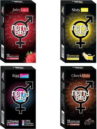 NottyBoy Strawberry, Chocolate, Banana Flavoured and Ribbed, Dotted, Contour, Extra Time Condom