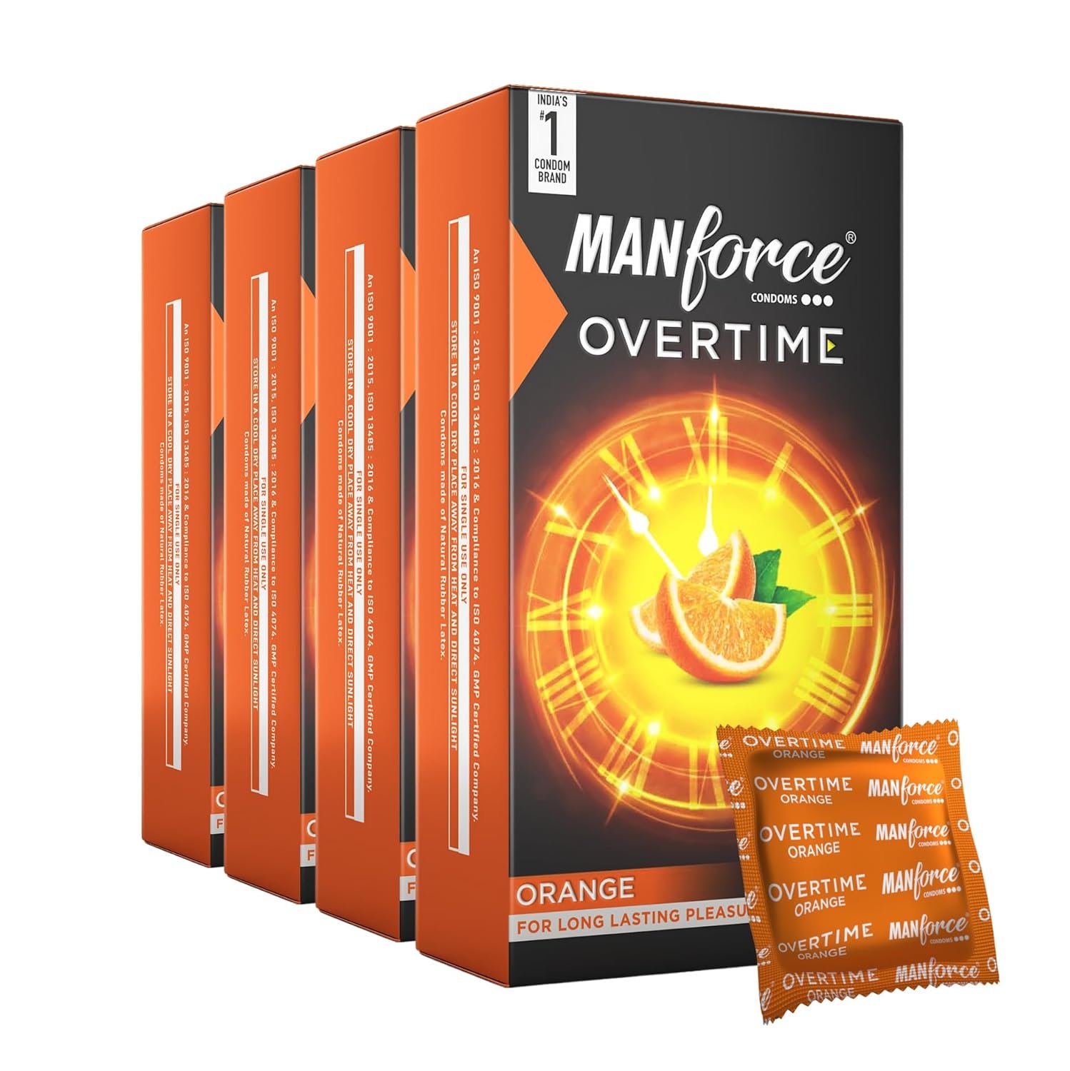 Manforce Overtime Orange Flavoured Condoms for Men| 40 Count (Pack of 4)| Extra Dotted for Extra Stimulation| Long-Lasting Pleasure